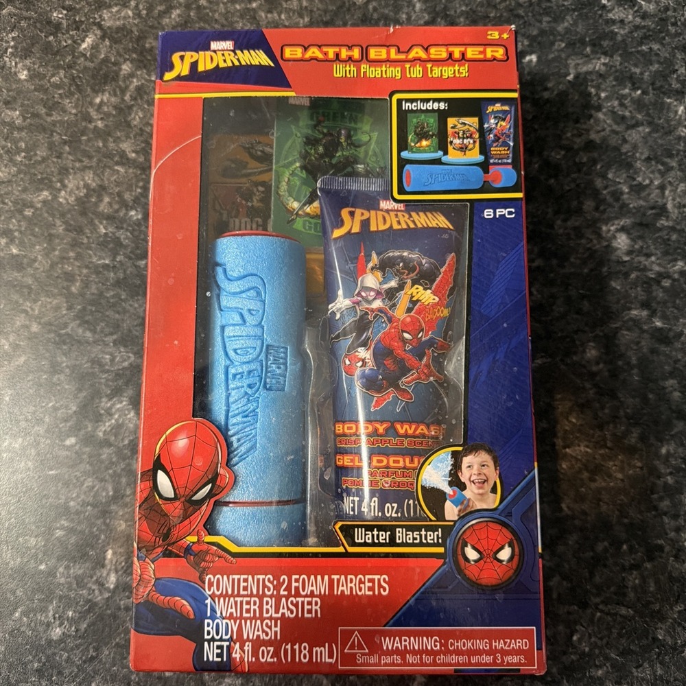 Spider-Man Bath Blaster Body Wash, Water Blaster‎ & 2 Foam Targets New